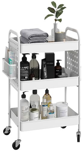 HOMCOM Servierwagen mit 3 Ebenen Küchenwagen mit Rollen Griff Rollwagen mit Haken, 2 Hängekörbe Küchenregal Küchenrollwagen für Küche Büro Badezimmer, Weiß