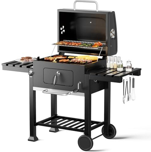 DKIEI BBQ Grill, Outdoor XXL Portable Charcoal Barbecue Grill, Wheels & 2 Folding Table, Thermometer & Adjustable Charcoal Pan, Large Coal Barbeque Grill Smoker for Parties, Patio, Garden Home Cooking