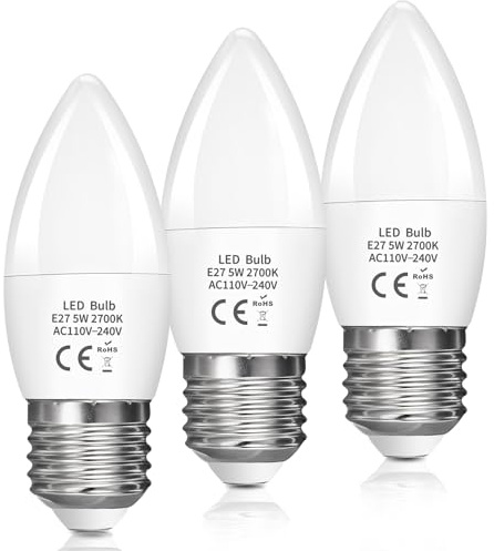 LED Candle Light Bulb E27 5W, Edison Screw E27 C37 LED Candle Bulb 40W Equivalent, 470LM Warm White 2700K, ES Energy Saving Light Bulbs, Non-Dimmable, Pack of 3