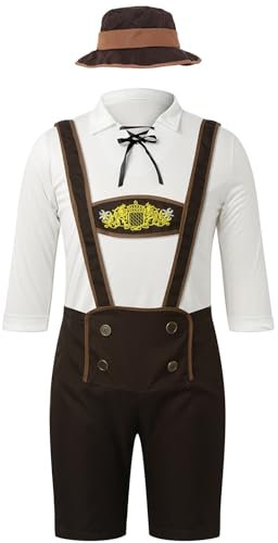 Trachten Lederhose Herren Braun Trachtenlederhose Trachtenhut Trachte Jogginghose Kurz mit Hosenträger Hemden für Trachten Herrenhose Bayerische Traditionelle Lederhosen für Oktoberfest Outfit