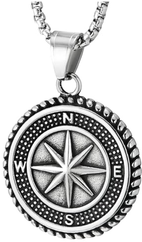 COOLSTEELANDBEYOND Herren Edelstahl Marine Anker und Kompass Anhänger Halskette, Zweiseitig, Kreis Medaille