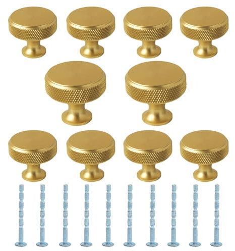 ATMWM 10 Stück Möbelknöpfe Champagner Gold, Stangengriff Küchenbeschläge Schrankknöpfe für Schrank, Gerändelte Küchenschrankknäufe mit 10 Schrauben, Einlochknäufe für Kleiderschrank