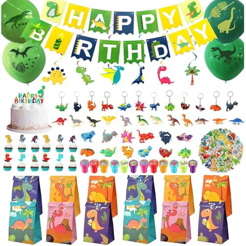 FEMBW 172 Pcs Dino Deko Gastgeschenke Kindergeburtstag Mitgebsel Set, Dino Party Mitgebsel Kindergeburtstag mit Dinosaurier Spielzeug Tortendekoration Partytüten und Briefmarke usw für Mädchen Jungen