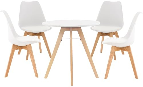 CLP Gruppo di sedute Livik I Set di 4X sedie Linares e 1x Tavolo Viktor I Piano del Tavolo Rotondo Ø 75 cm I Gruppo da Pranzo Moderno, Colore:Bianco