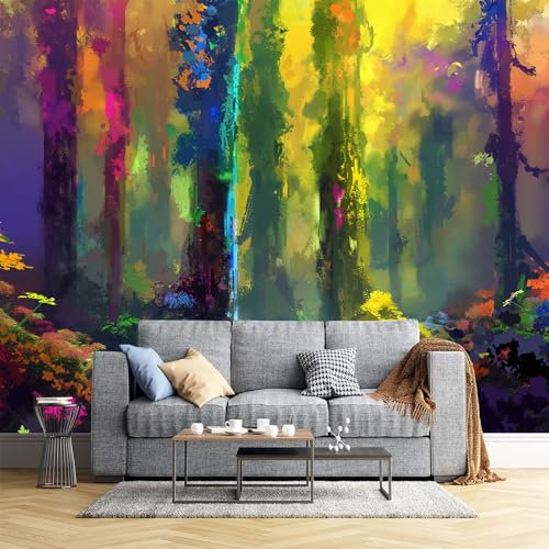 JEDTAKCT 300X210Cm Seidetapete Bunter Waldtapete Elegance Tapete Im Psychedelisches Aquarell Design Tapete Wandtapete Wohnzimmer Schlafzimmer Flur Strukturtapete
