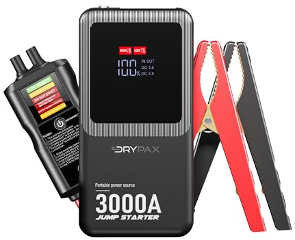 Drypax 3000A Starthilfe mit Digital Anzeigeclip - Autostarter - Jump Starter - Powerbank - 18000 mAh - 6L Benzin und 3L Dieselmotoren - Auto Batterie Booster - Überbrückungskabel - Starthilfekabel