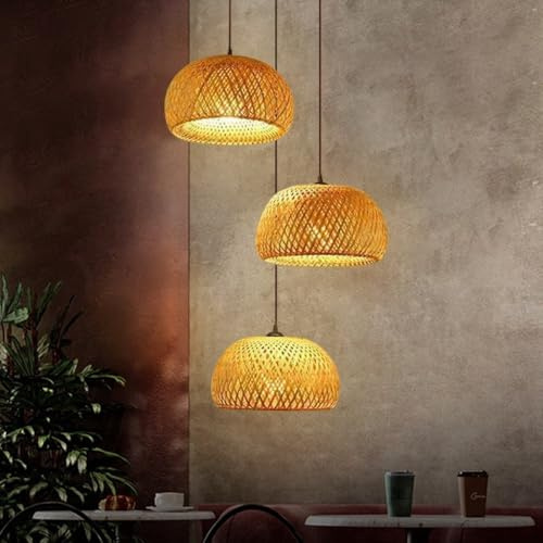 COOYO Bambus Hängelampe 3-Flammig Vintage Pendelleuchte Esstisch Boho Geflochtene Pendellampe Retro Lampenschirm Rattan E27 Deckenbeleuchtung for Schlafzimmer Wohnzimmer Esszimmer Küche Flur(30CM)