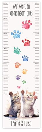 Striefchen® Personalisierte Messlatte für Geschwister – Wandtattoo Wachstumsskala mit Namen – Verschiedene süße Motive – Höhenmesser Wandaufkleber für Kinderzimmer & Babyzimmer (Kätzchen)