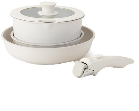Juego de ollas, sartenes, mango extraíble: juego de utensilios de cocina de inducción con revestimiento antiadherente para todo tipo de fuegos, apto para lavavajillas (blanco roto, juego de 5 piezas)