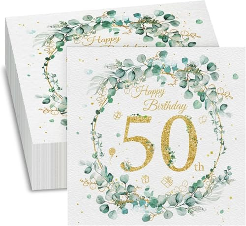 50 Geburtstag Deko Servietten - 40 Stück Servietten, Servietten Eukalyptus Grün, Happy Birthday 50 Servietten, Papierservietten zum 50. Geburtstag Frau Geburtstag Feier Jubiläum