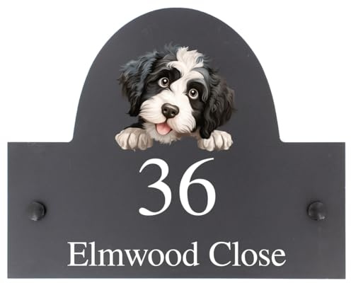Personalisierbares portugiesisches Wasserhund-Motiv, Naturstein, Schiefer, Hausname oder Hausnummer, Schild, 25 x 20 cm, hochwertiger glatter Steinschiefer