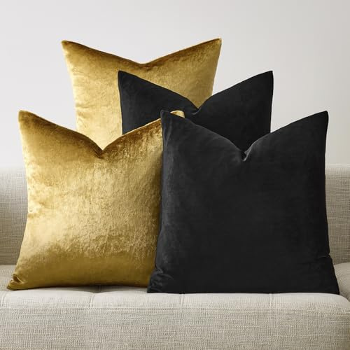 GIGIZAZA Kissenbezüge, 45 x 45 cm, 4 Stück, Schwarz / Gold, Samt-Kissenbezüge, dekorative Luxus-Kissen, quadratische Kissenbezüge, weiche Kissenbezüge für Wohnzimmer