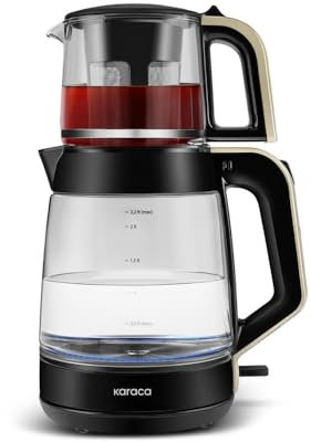 Karaca Glass Turkish Tea Maker Machine, 2 in 1 Turkish Tea Pot Set, XL Teapot & Water Kettle Electric, 1900W, Cream