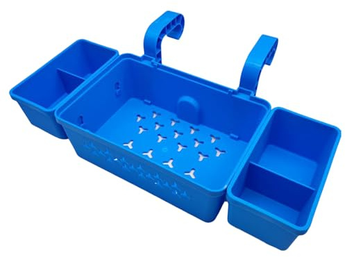 Above Ground Poolside Storage Basket with Cup Holders – Swimming Pool Accessories Organiser for Towels, Toys, and Drinks – Durable Plastic Shelf for Pool Decks (Blue)