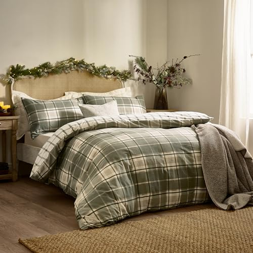 furn. Wylder Braemar Check Duvet Cover Set (Green/Natural - King) | Reversible 100% Soft Brushed Cotton Cosy Heritage Check Bedding
