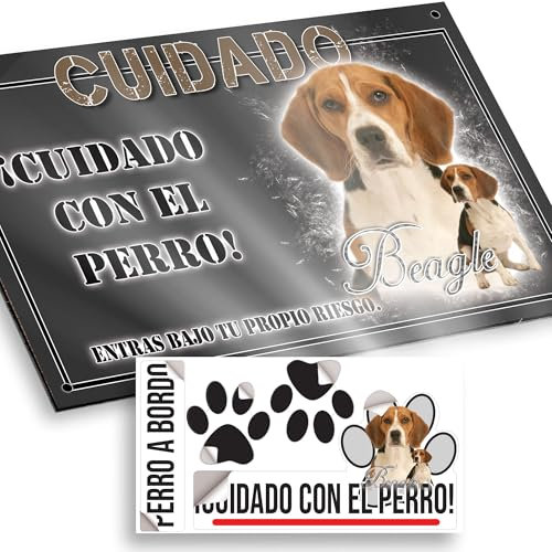 Perro Beagle Cuidado con el Perro Cartel 15x9,5cm - Diseño Antracita Dibond con Pegatina Coche - Cuidado Perro