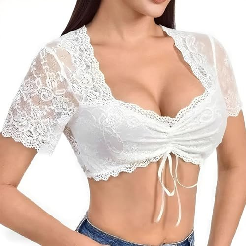 Leikedun Dirndl Blouse Women's Lace White Dirndl Blouse Elegant with V-Neck - Lace Dirndl Blouses with Drawstring for Oktoberfest & Bavarian Costume - Short Sleeve Costume Blouse (Sizes S/M/L)​, s, S