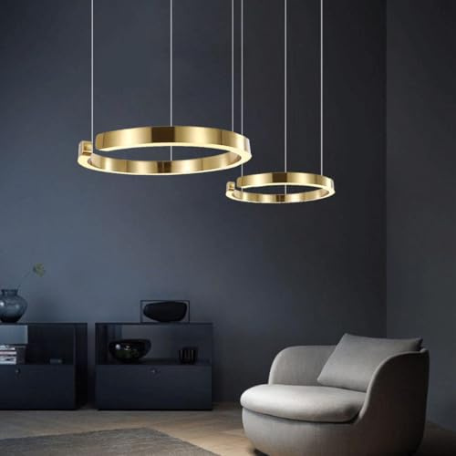 JINWELL LED Pendelleuchte Esstisch, Dimmbar Pendelleuchten Moderne Ringe Design Hängeleuchte Aluminium Esszimmerlampe Hängelampe Hängend Lampen Für Esstischlampe Büro Küche(Gold,40+60cm)