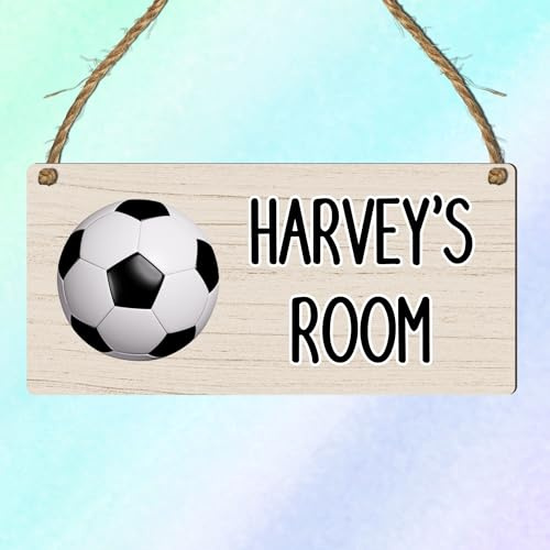 Custom Kids Room Name Plaque | Personalised Boys Bedroom Sign | Wooden Hanging Door Sign | Car, Dinosaur, Football, Tractor, Gaming Designs (Football)