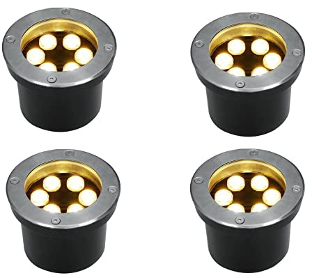 4pcs Outdoor In-ground Lights, LED Ring Fountain Light, 6W LED Well Landscape Up Light,Waterproof Underground Lamp for Deck, Step, Yard, Garden(Yellow,5w(24V))