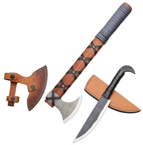 Hand-Forged Viking Axe and Norse Vikings Knife Set | 20 Carbon Steel Axe with Raven-Head Knife with Leather Sheath | Medieval Replica Collectible Gift Set for Men.