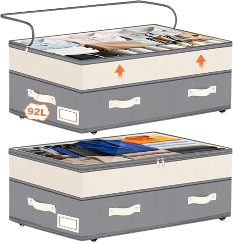 Dolicer 2 Pack Under Bed Storage with Wheels, 6in-10in Height Adjustable Underbed Storage Containers, 92L XXXL Under Bed Drawers Rolling Bin with Clear Lids for Dorm Shoes Clothes Organizers(Grey)