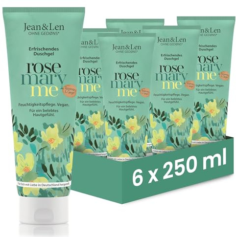 Jean & Len Feuchtigkeit Dusche Rosemary & Ginger, 6 x 250 ml | Duschgel für normale bis trockene Haut, reinigt und pflegt beim Waschen, würzig-frischer Duft
