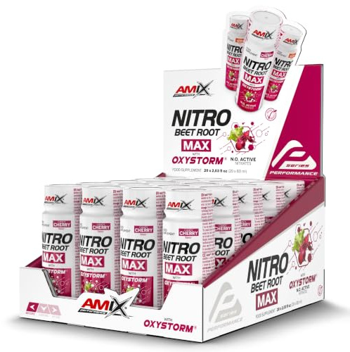 Amix Nitro Beet Root MAX – Sabor Cereza - 20 Shots de 60 ml – Concentrado de nitratos de remolacha y Oxystorm® – Con vitamina C – Formato líquido listo para tomar antes del entrenamiento
