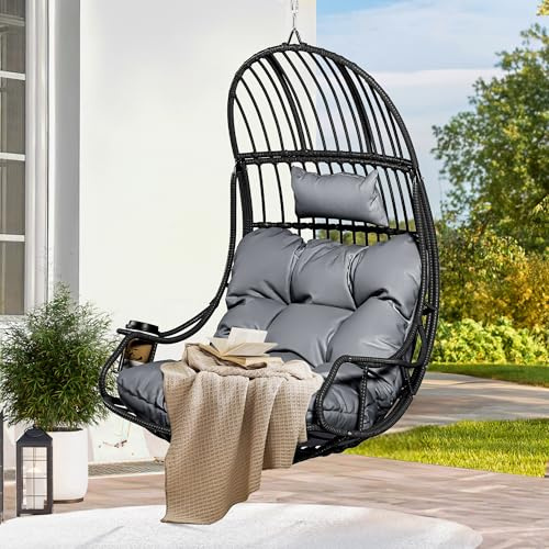 YITAHOME Fauteuil Suspendu Rotin 150kg, avec Coussin, Porte-Gobelet, Gris