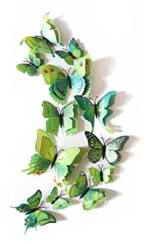 Lot de 12 stickers muraux décoratifs avec papillons 3D - Double ailes - Effet fleurs - Vert