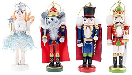 Clever Creations Tchaikovsky Nötknäppare prydnadsset – muskung, herr Drosselmeyer, sockerplommon älva och röd prins – traditionell trä juldekor – konstruktion i massivt trä – 12,7 cm lång