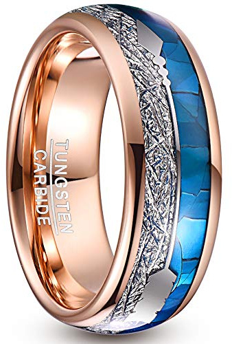NUNCAD Bague Homme Femme Or Rose Carbure de Tungstène avec Coque Bleue,Météorite et La Flèche Alliance Homme Taille 60(19.1)