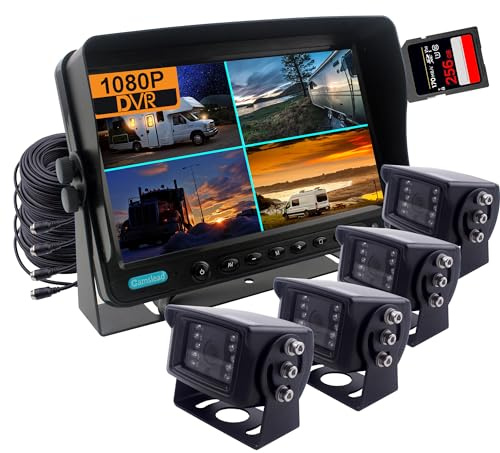CAMSLEAD 9 Zoll Monitor 1080P Rückfahrkamerasystem, DVR-Recorder, Unterstützung Einer 256-GB-SD-Karte, 4-Kanal-Eingang, Quad-Split-Screen,1080P-Rückfahrkamera für LKW, Anhänger, Wohnmobil, Wohnwagen