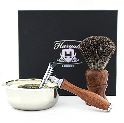 Haryali London, Wooden Shaving Kit for Men – 4 Pcs Wet Shaving Set with Double Edge Safety Razor, Badger Hair Brush, Shaving Soap, Stainless Steel Bowl & Stand – Traditional Shaving Gift Set
