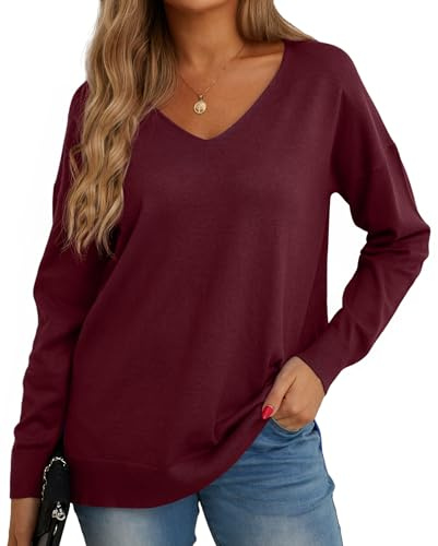 GRECERELLE Pull Femme Col V Décontracté en Tricot avec Manches Longues - Pullover Chic et Élégant pour l'hiver (Vin Rouge, XXL)
