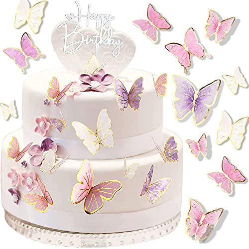Butterfly Cake Toppers Birthday Decoration Kit, 3D Rose Gold Glitter Butterfly Cupcake Toppers for Birthday Party Baby Shower Wedding Party Decoration 30pcs