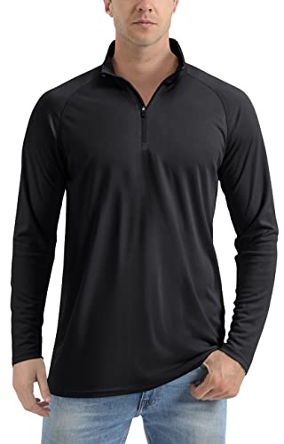 TACVASEN Haut de Sport Homme avec 1/4 Zip T-Shirt de Course à Manche Longue Anti UV Tops à Séchage Rapide Noir,L