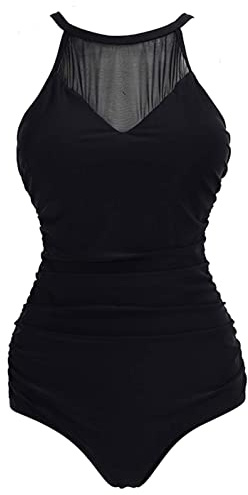 VILOREE Damen Schlankheits Badeanzug Raffung Einteiler High Neck Bademode Strandmode Schwarz #2 M
