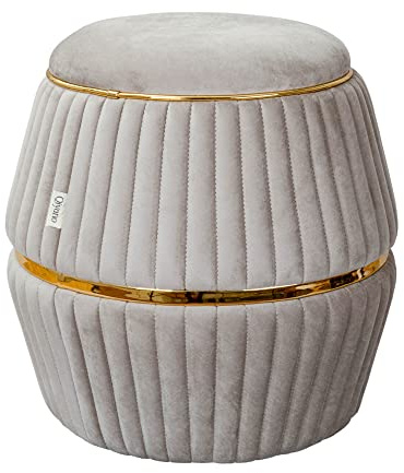 Qiyano Pouf Sitzhocker Hocker aus weichem Samtstoff in Zylinderform in Taupe mit Ziernähten und Kunstlederverzierung in Gold, Höhe ca. 52 cm, Durchmesser ca. 53 cm, Farbe: Taupe