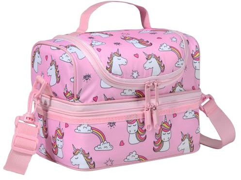 Chase Chic Bolsa de Almuerzo de Unicornio Para Niñas, Bolsa Termica Porta Alimentos Infantil en Compartimento Doble Escuela con Correa de Hombro Ajustable Desmontable, Picnic Comida para Viaje