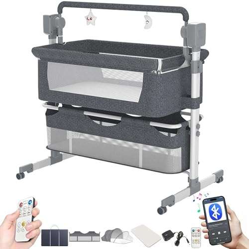 Baby sängbord spjälsäng småbarn sängsäng baby vagga justerbar multifunktionell baby liggdel spädbarn sängsäng sovsäck bärbar baby gunga med bluetooth musik 5 svängbara växlar fjärrkontroll (grå)