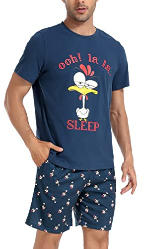 Jezonga Pyjama Homme Été Coton Court Motif Mignon Col Rond | Ensemble Deux Pièces Doux avec Manches Courtes Poches Pratiques et Coupe Décontractée pour Vêtements de Nuit à la Maison