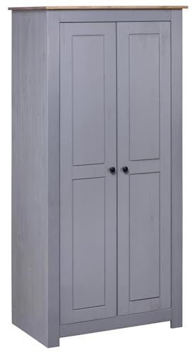 Homgoday Kiefernholz Kleiderschrank 80x50x171,5 cm Grau mit 2 Fächern und Hängestange | Panama Model282665