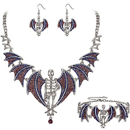 EVER FAITH Halloween Schmuck Damen österreichischen Kristall Kostüm Gothic Tiere Fledermaus Skelett Halskette Armband Ohrhänger Set für Prom Party Lila Antik Silber-Ton