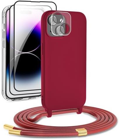 DiDaDi Handykette kompatibel mit iPhone 13 Hülle,Handyband Necklace Hülle mit Band Handyhülle für zum Umhängen Silikon Case mit Schnur Schutzfolie und Kameraschutz in Rot
