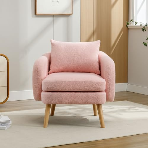 Merax Sillón individual - Elegancia moderna y comodidad en un sillón con cojín extra grueso y patas de madera maciza terciopelo de peluche rosa