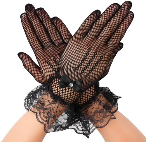 simarro Damen Spitzen Handschuhe,Kurze Netzhandschuhe Schwarz Blumenspitzen Lace Gloves Sonnenschutz Handschuhe für Hochzeitsfeier Halloween Party Cosplay Teeparty Abschlussball Bekleidungs Zubehör