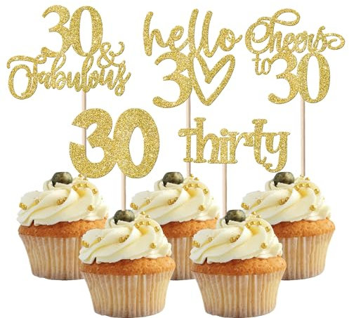 SYKYCTCY 30 Pack 30th Birthday Cupcake Toppers Glitter Thirty Fabulous 30 Cheers to 30 Cupcake Picks Hello 30 Birthday Cupcake Decorations for Happy 30th Birthday Anniversary Party Supplies Gold