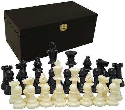 Kunststoff Schachfiguren in Holzbox Königshöhe 63 mm - Staunton Design Klassische 32 Schach Figuren mit Filzgleiter Schwarz Weiß Set Box Gr. M