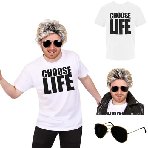 I LOVE FANCY DRESS Adults 80s Pop Singer Costume - 1980s Slogan 'Choose Life' T-Shirt, Sunglasses and Blonde Wig - Pop Singer Shirt Eighties Throwback Party Costume
